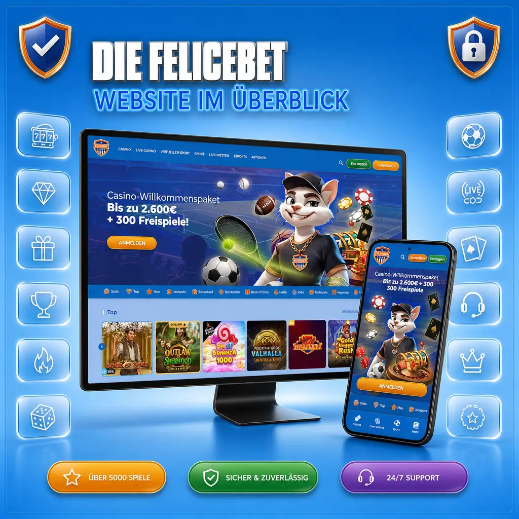 Felicebet Website Übersicht mit Navigationsleiste zu Sportwetten, Casino, Live-Wetten und Kontobereich
