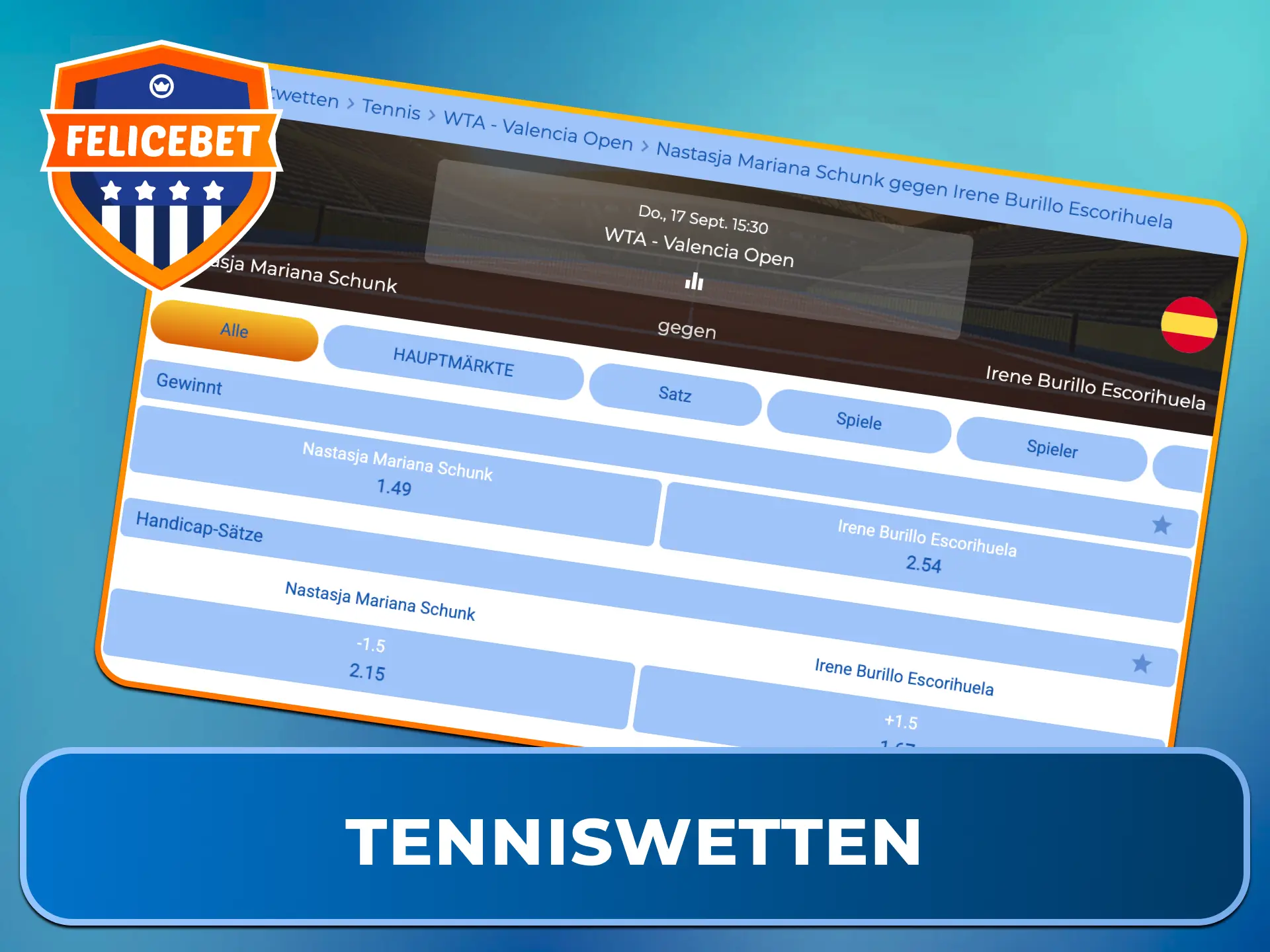 Wette auf spannende Matchwinner und Sätze bei Tenniswetten im Felicebet Casino.