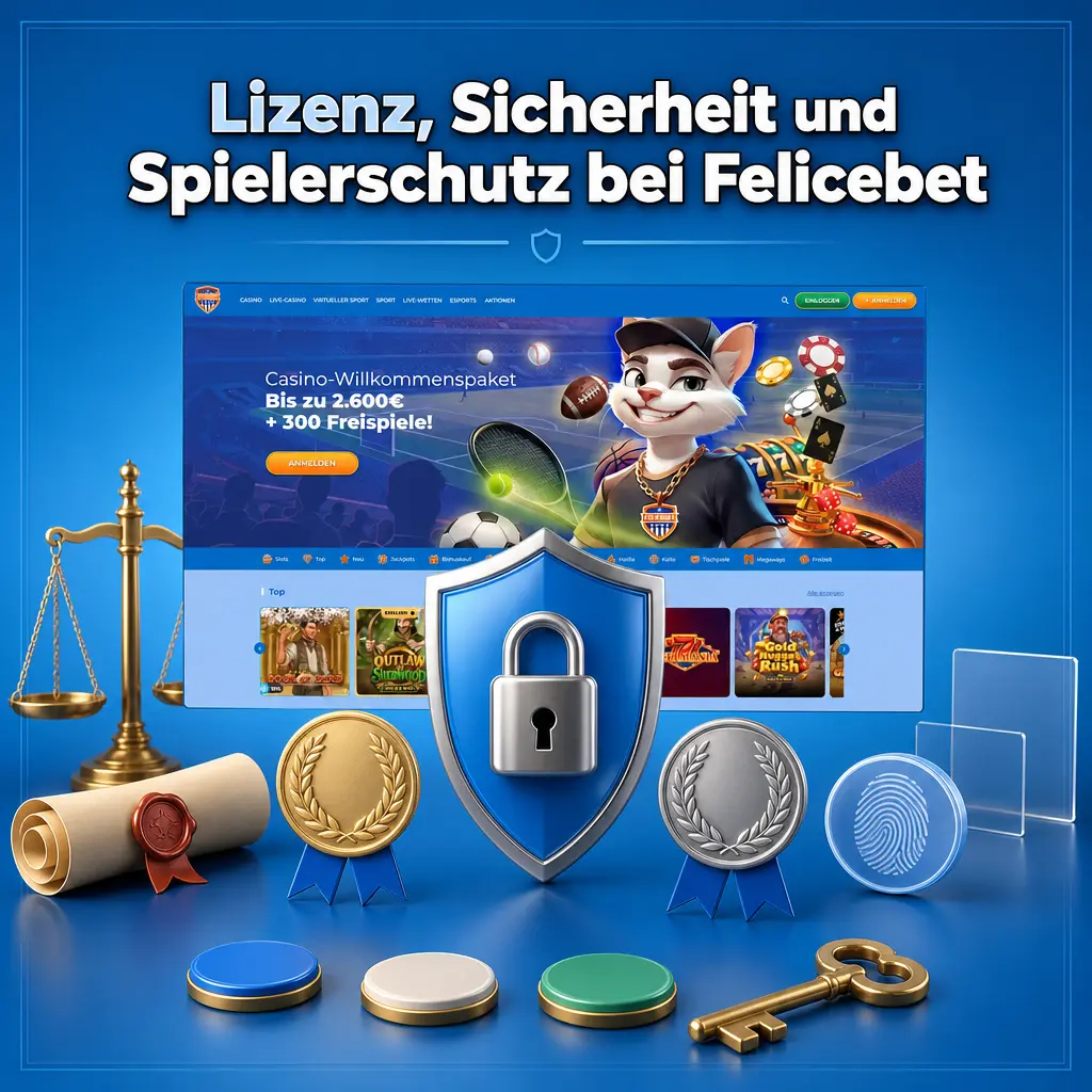 Felicebet: Curacao-Lizenz, SSL-Verschlüsselung, KYC-Prüfung und Spielerschutz-Tools wie Limits, Selbstausschluss und BZgA-Links.